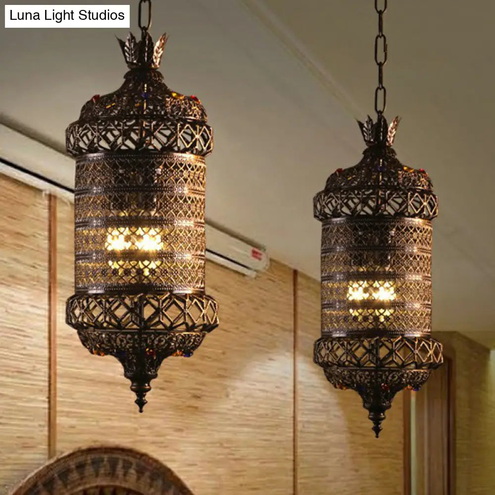 Bronze Carved Lantern Iron Suspension Pendant Ceiling Light With South-East Asian Influence - Ideal