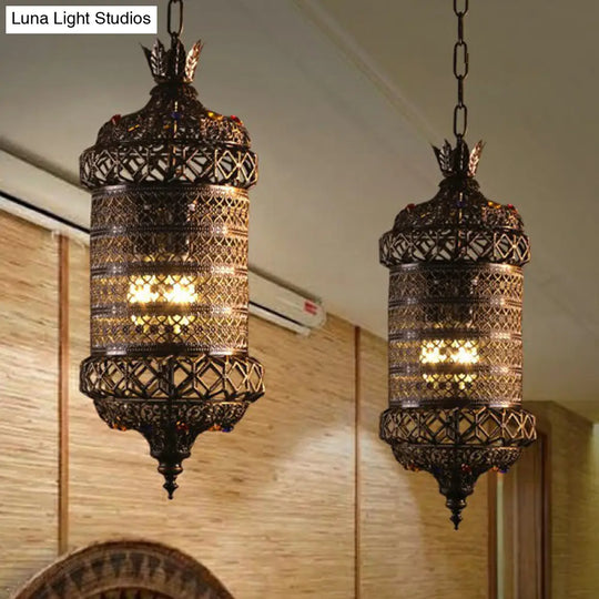 Bronze Carved Lantern Iron Suspension Pendant Ceiling Light With South-East Asian Influence - Ideal