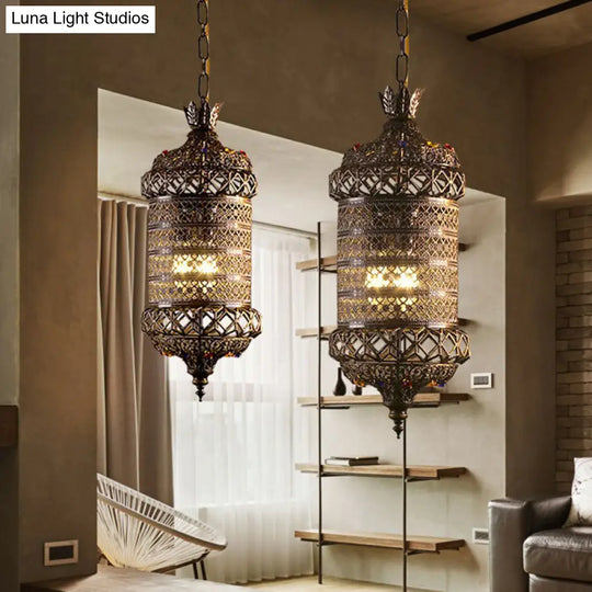 Bronze Carved Lantern Iron Suspension Pendant Ceiling Light With South-East Asian Influence - Ideal