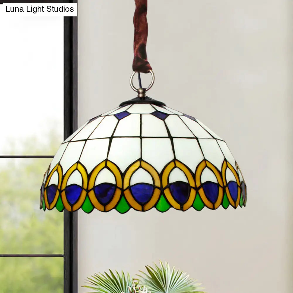 Peacock Feather Pattern Cut Glass Bronze Ceiling Light: Mediterranean Chandelier With 3 Bulbs