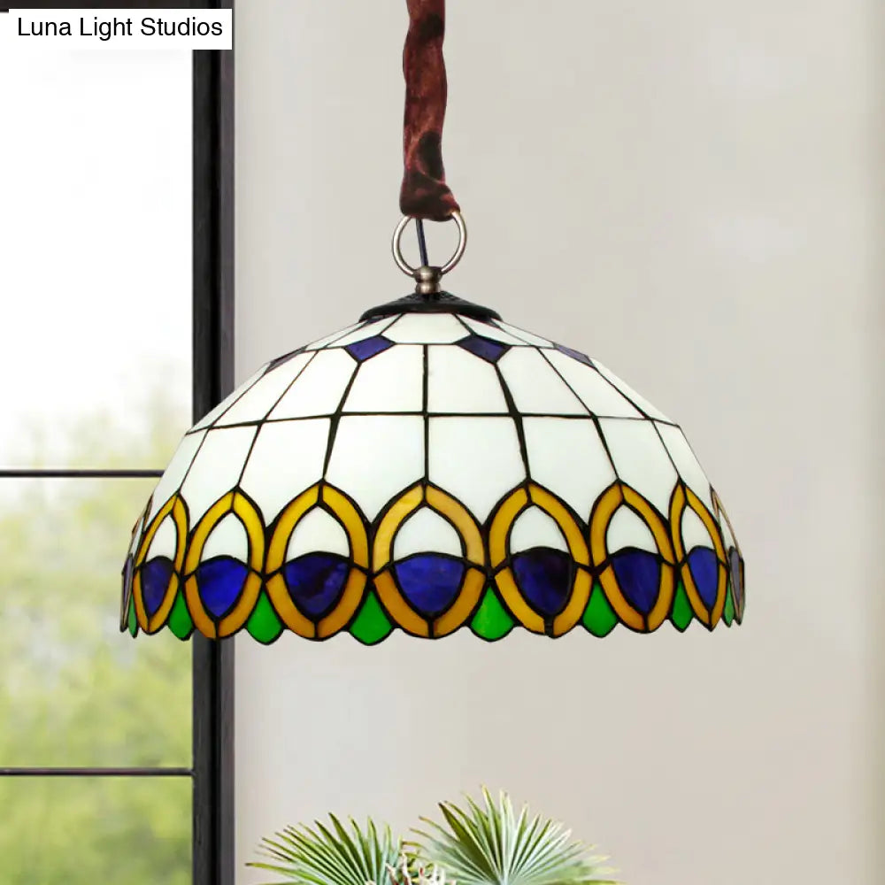 Bronze Ceiling Light Dome With Cut Glass Peacock Feather Pattern - Mediterranean Chandelier
