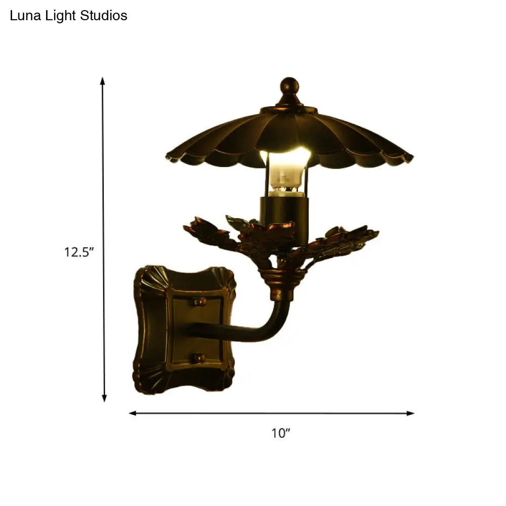 Bronze Cone Sconce With Leaf Decoration And Square Backplate - 1-Light Industrial Wall Lamp