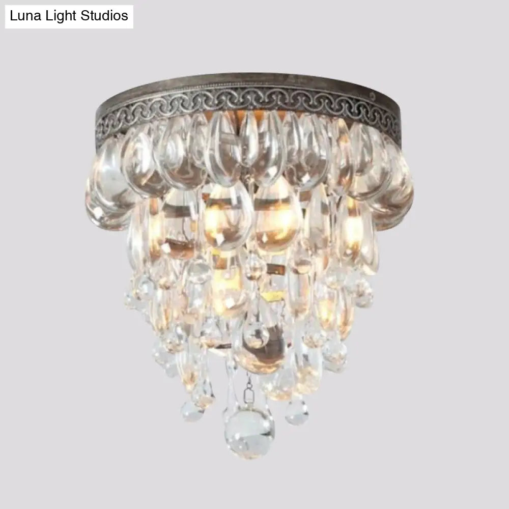 Bronze Conical Crystal Drop Ceiling Light With 3 Heads - Countryside Flushmount Lighting For
