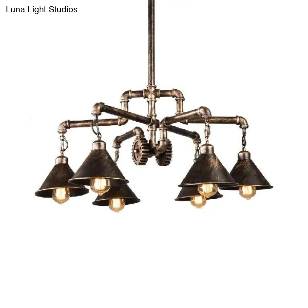 Farmhouse Conical Metal Chandelier - 6 Bulb Dining Room Pendant Light In Bronze