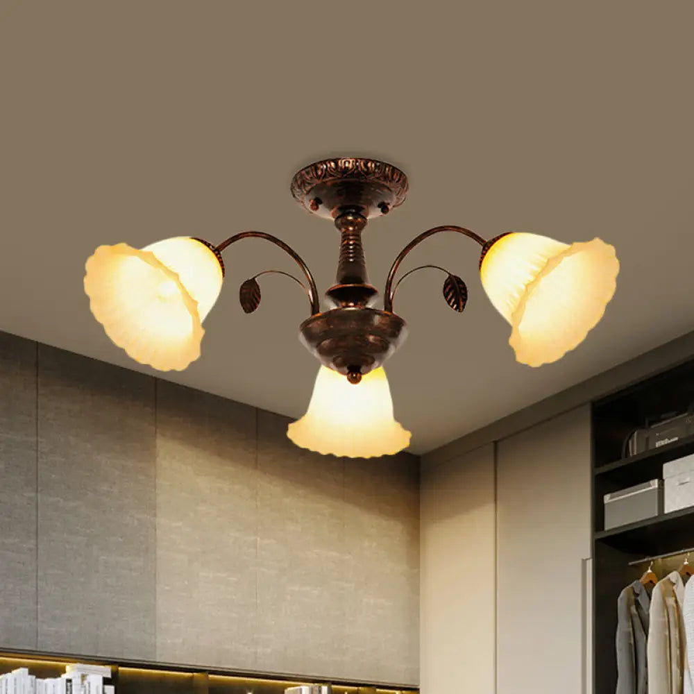 Bronze Countryside Blossom Ceiling Mount Light Fixture With Frosted Glass For Bedroom - 3/5 Lights