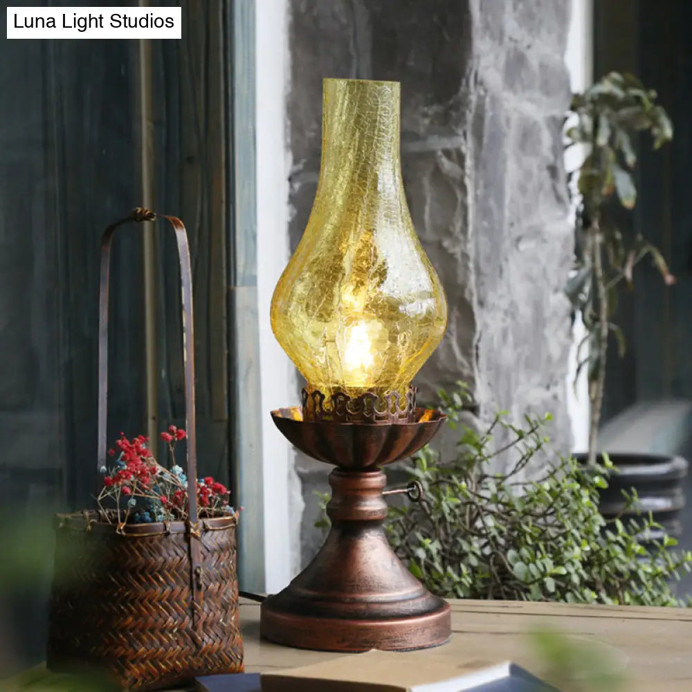 Bronze Crackle Glass Chimney Shade Kerosene Retro Bedside Table Light