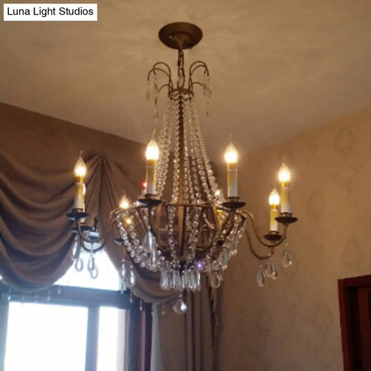 Bronze Finish Candle Chandelier: Elegant Metal Ceiling Light With Crystal Drape For Living Rooms