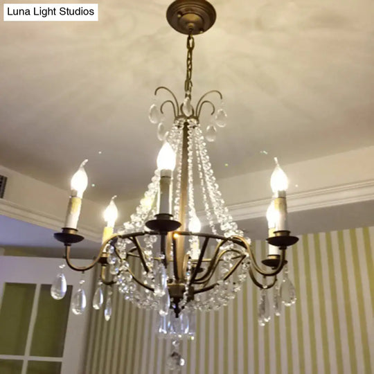 Bronze Finish Candle Chandelier: Elegant Metal Ceiling Light With Crystal Drape For Living Rooms