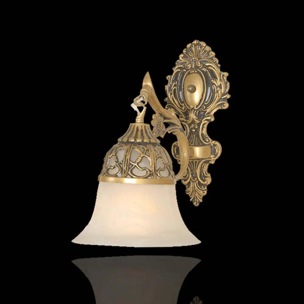 Bronze Flared Wall Mount Lamp With Traditional Alabaster Glass - 1-Head Sconce For Living Room