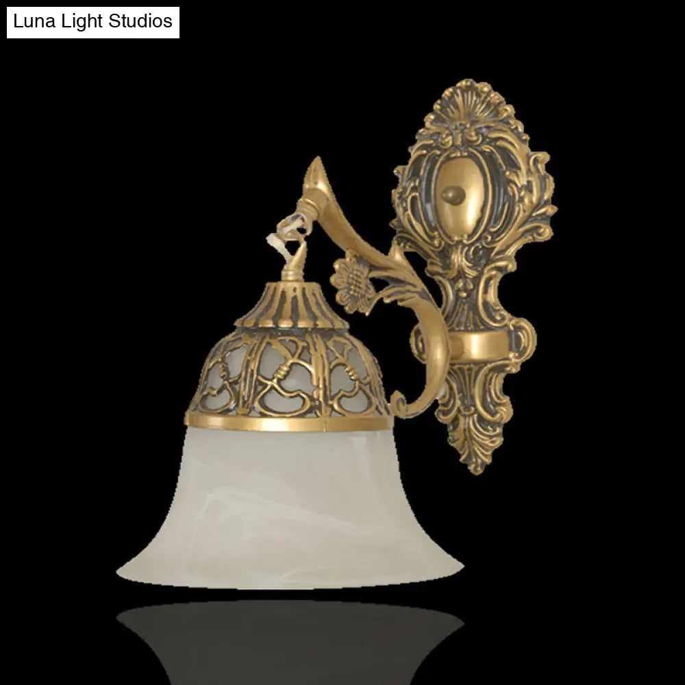 Bronze Flared Wall Mount Lamp With Traditional Alabaster Glass - 1-Head Sconce For Living Room