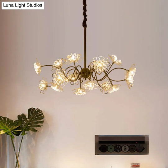 Contemporary Bronze Floral Chandelier With Crystal Beads & 16 Bulbs