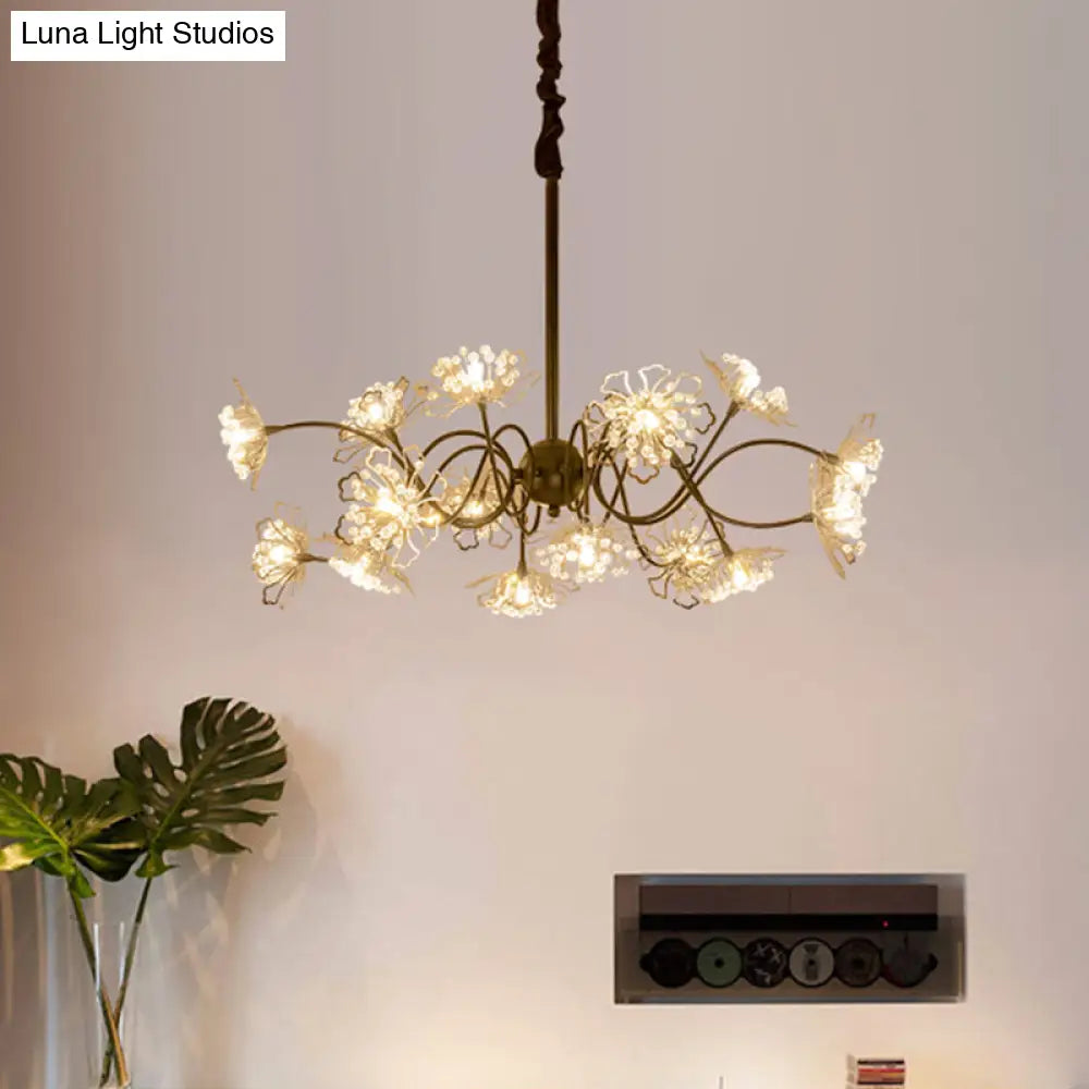 Bronze Floral Pendant Chandelier With Crystal Beads - 16 Bulb Contemporary Metal Light Kit