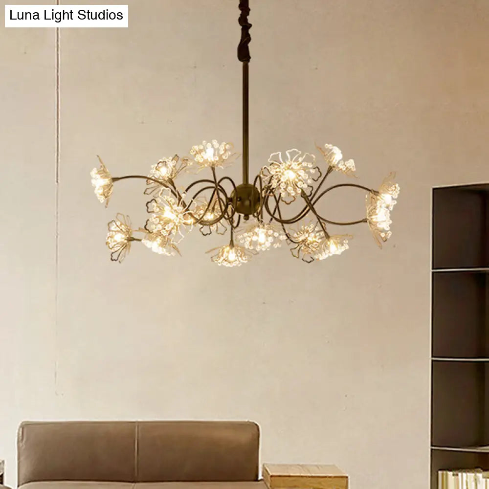 Contemporary Bronze Floral Chandelier With Crystal Beads & 16 Bulbs