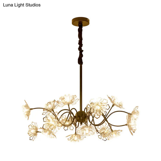 Bronze Floral Pendant Chandelier With Crystal Beads - 16 Bulb Contemporary Metal Light Kit