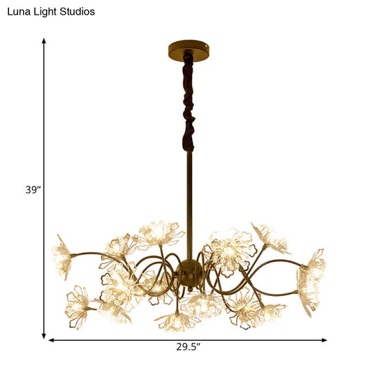 Bronze Floral Pendant Chandelier With Crystal Beads - 16 Bulb Contemporary Metal Light Kit