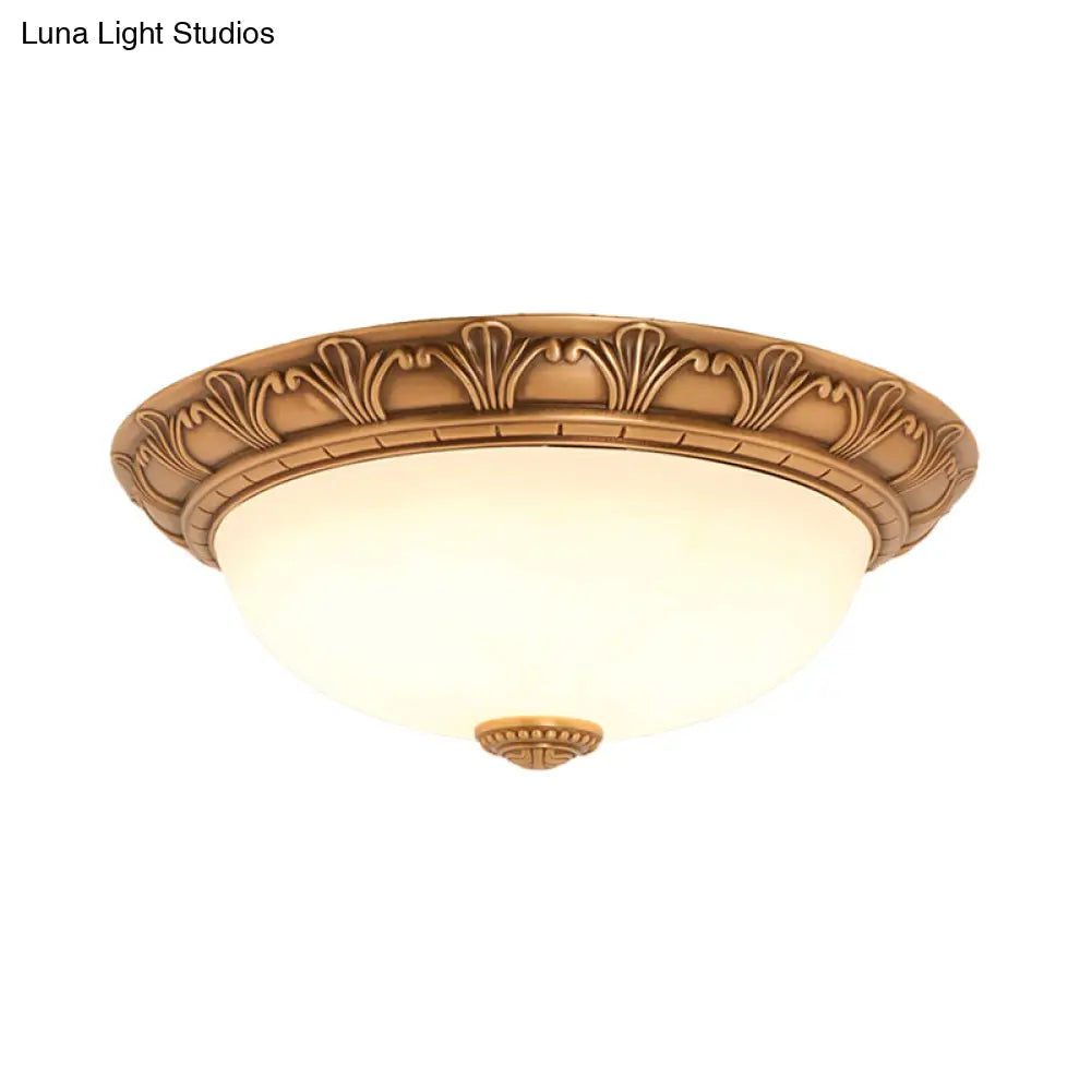 Bronze Flush Mount Light With Cream Glass Bowl And Floral Trim Traditional Led Ceiling Fixture -