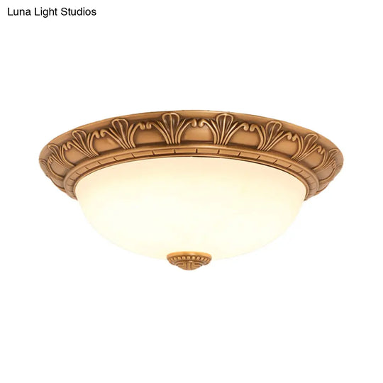 Bronze Flush Mount Light With Cream Glass Bowl And Floral Trim Traditional Led Ceiling Fixture -