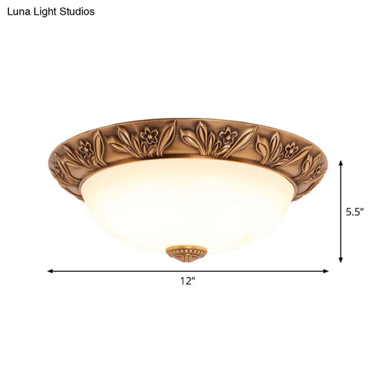 Bronze Flush Mount Light With Cream Glass Bowl And Floral Trim Traditional Led Ceiling Fixture -