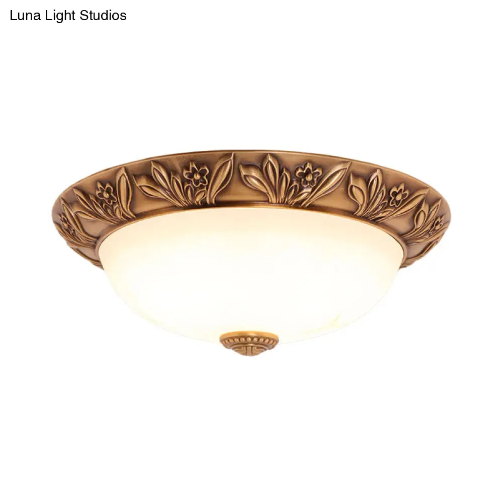 Bronze Flush Mount Light With Cream Glass Bowl And Floral Trim Traditional Led Ceiling Fixture -