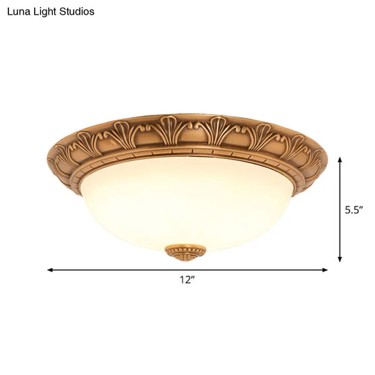 Bronze Flush Mount Light With Cream Glass Bowl And Floral Trim Traditional Led Ceiling Fixture -