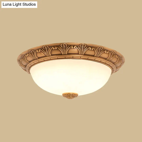 Bronze Flush Mount Light With Cream Glass Bowl And Floral Trim Traditional Led Ceiling Fixture -