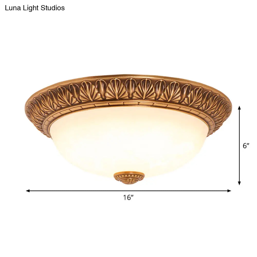 Bronze Flush Mount Light With Cream Glass Bowl And Floral Trim Traditional Led Ceiling Fixture -