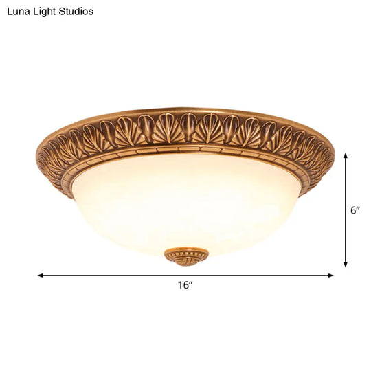 Bronze Flush Mount Light With Cream Glass Bowl And Floral Trim Traditional Led Ceiling Fixture -