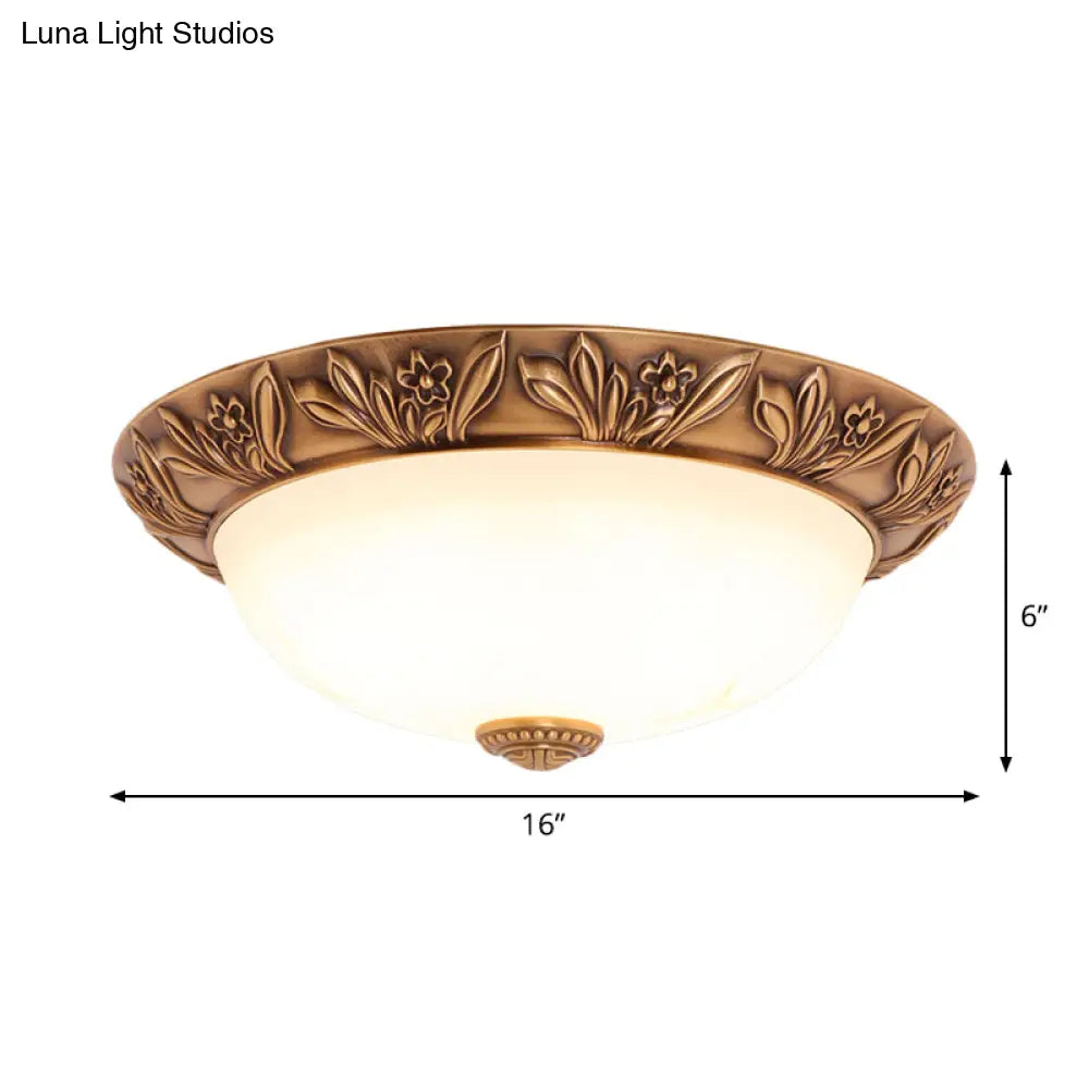 Bronze Flush Mount Light With Cream Glass Bowl And Floral Trim Traditional Led Ceiling Fixture -