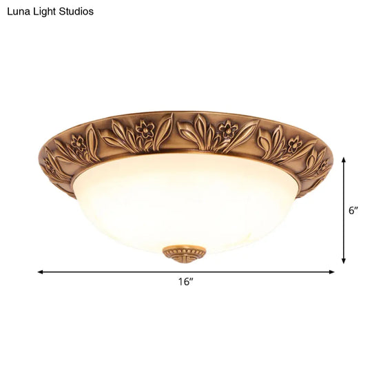 Bronze Flush Mount Light With Cream Glass Bowl And Floral Trim Traditional Led Ceiling Fixture -