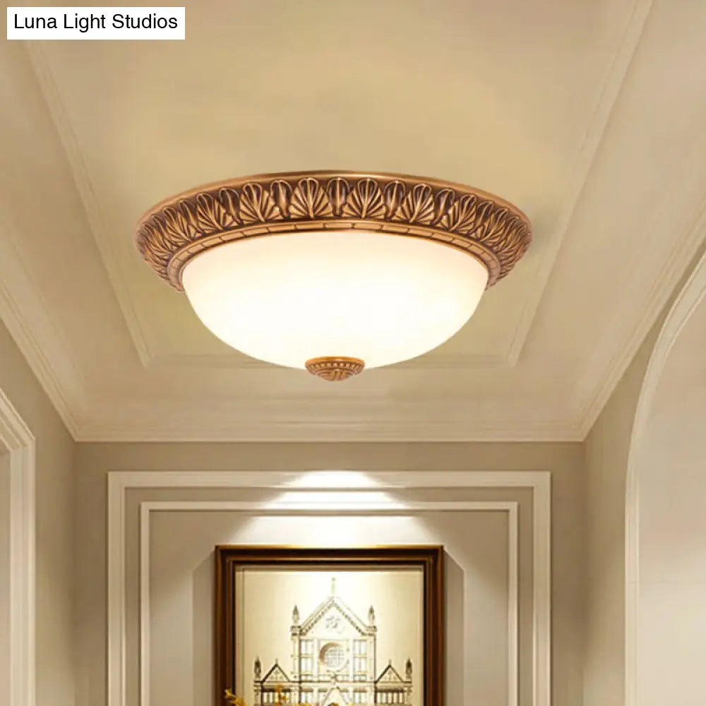 Bronze Flush Mount Light With Cream Glass Bowl And Floral Trim Traditional Led Ceiling Fixture -