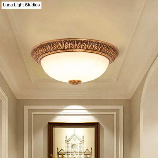 Bronze Flush Mount Light With Cream Glass Bowl And Floral Trim Traditional Led Ceiling Fixture -