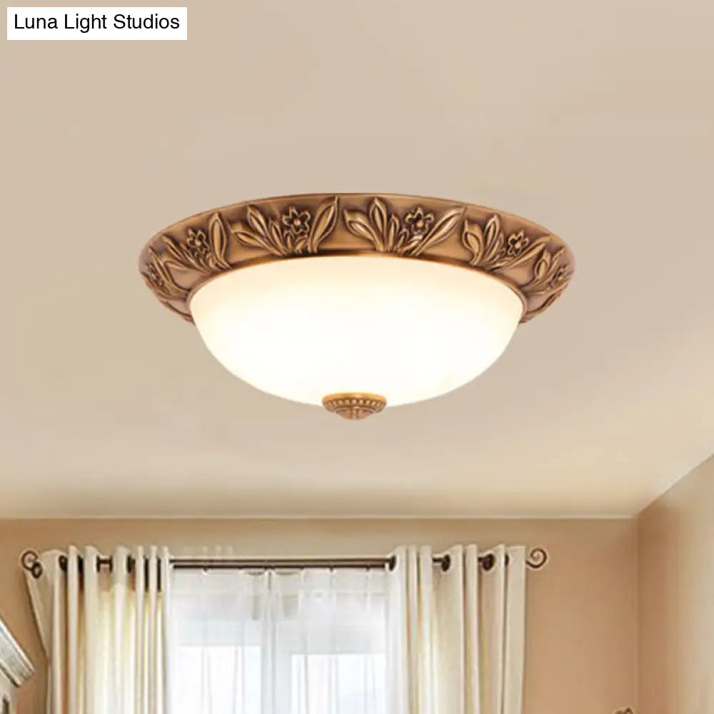 Bronze Flush Mount Light With Cream Glass Bowl And Floral Trim Traditional Led Ceiling Fixture -