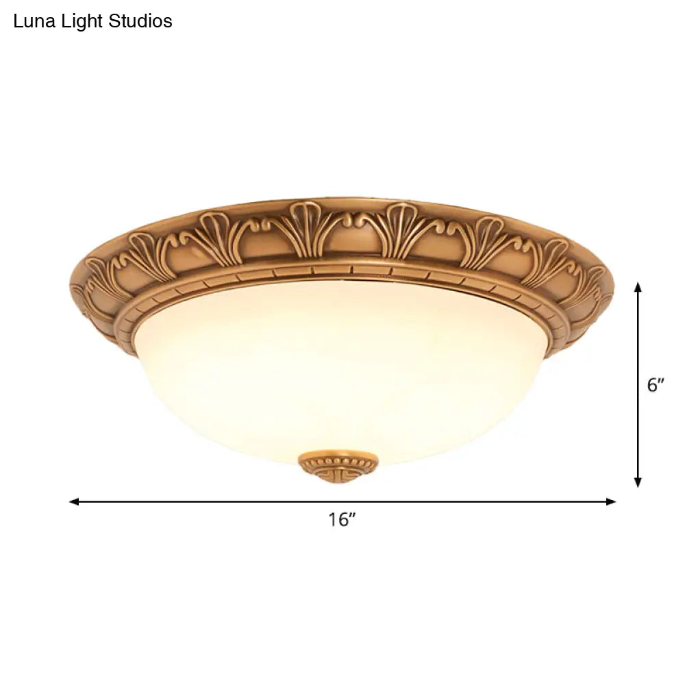 Bronze Flush Mount Light With Cream Glass Bowl And Floral Trim Traditional Led Ceiling Fixture -