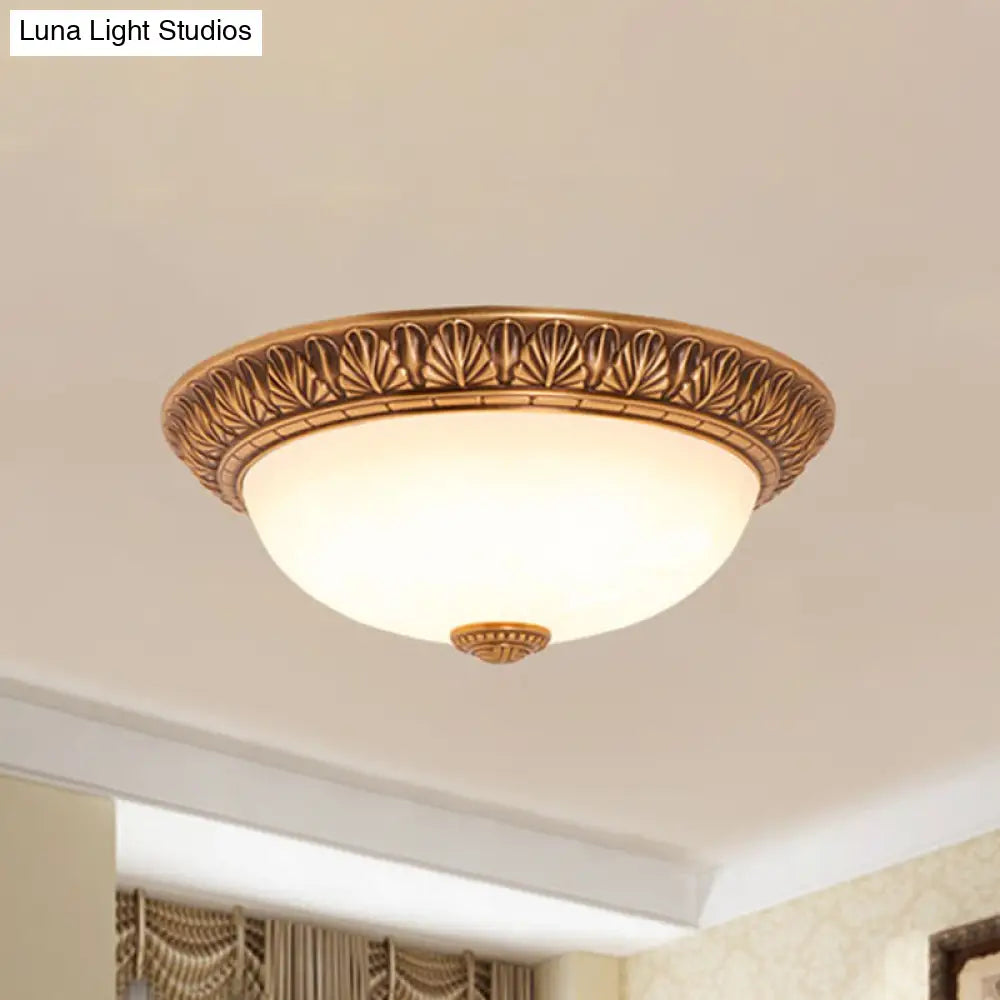 Bronze Flush Mount Light With Cream Glass Bowl And Floral Trim Traditional Led Ceiling Fixture -