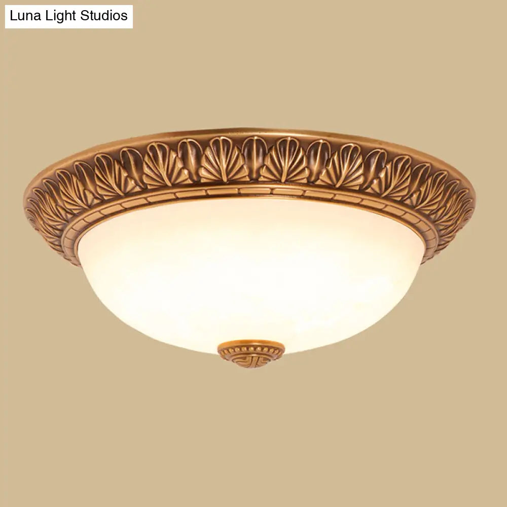 Bronze Flush Mount Light With Cream Glass Bowl And Floral Trim Traditional Led Ceiling Fixture -