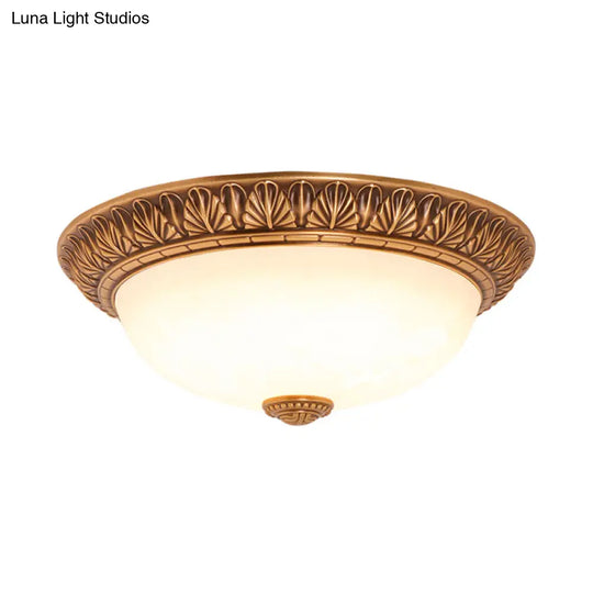 Bronze Flush Mount Light With Cream Glass Bowl And Floral Trim Traditional Led Ceiling Fixture -