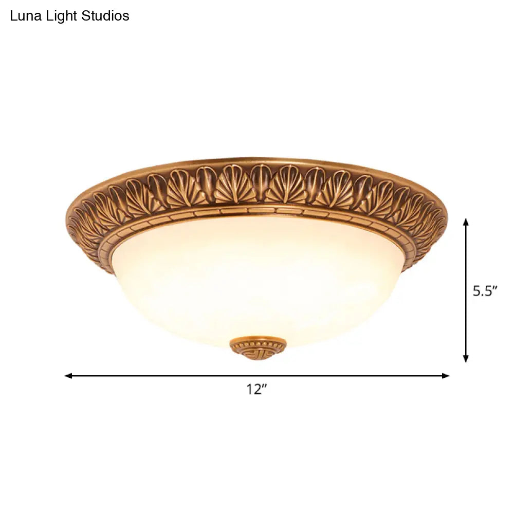 Bronze Flush Mount Light With Cream Glass Bowl And Floral Trim Traditional Led Ceiling Fixture -