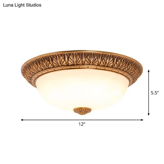 Bronze Flush Mount Light With Cream Glass Bowl And Floral Trim Traditional Led Ceiling Fixture -