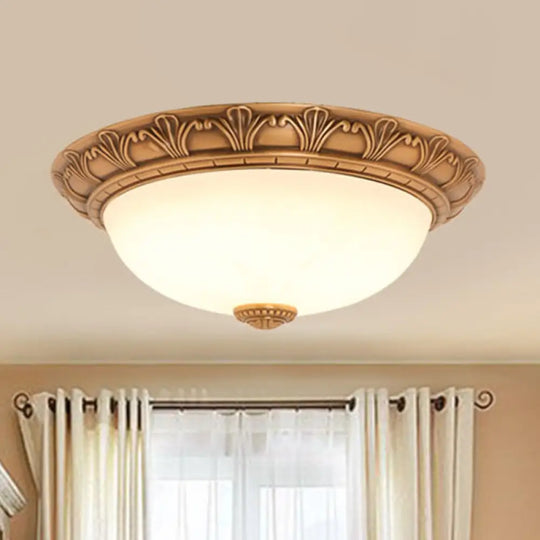 Bronze Flush Mount Light With Cream Glass Bowl And Floral Trim Traditional Led Ceiling Fixture -