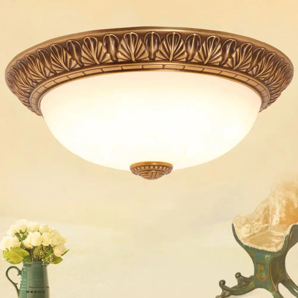 Bronze Flush Mount Light With Cream Glass Bowl And Floral Trim Traditional Led Ceiling Fixture -