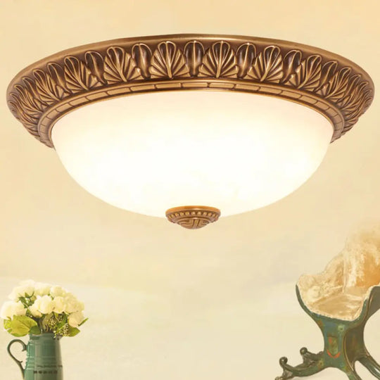 Bronze Flush Mount Light With Cream Glass Bowl And Floral Trim Traditional Led Ceiling Fixture -