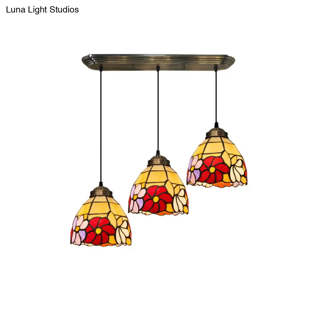 Bronze Hanging Pendant With Bell Shape Floral Stained Glass And 3-Light Heads - Decorative