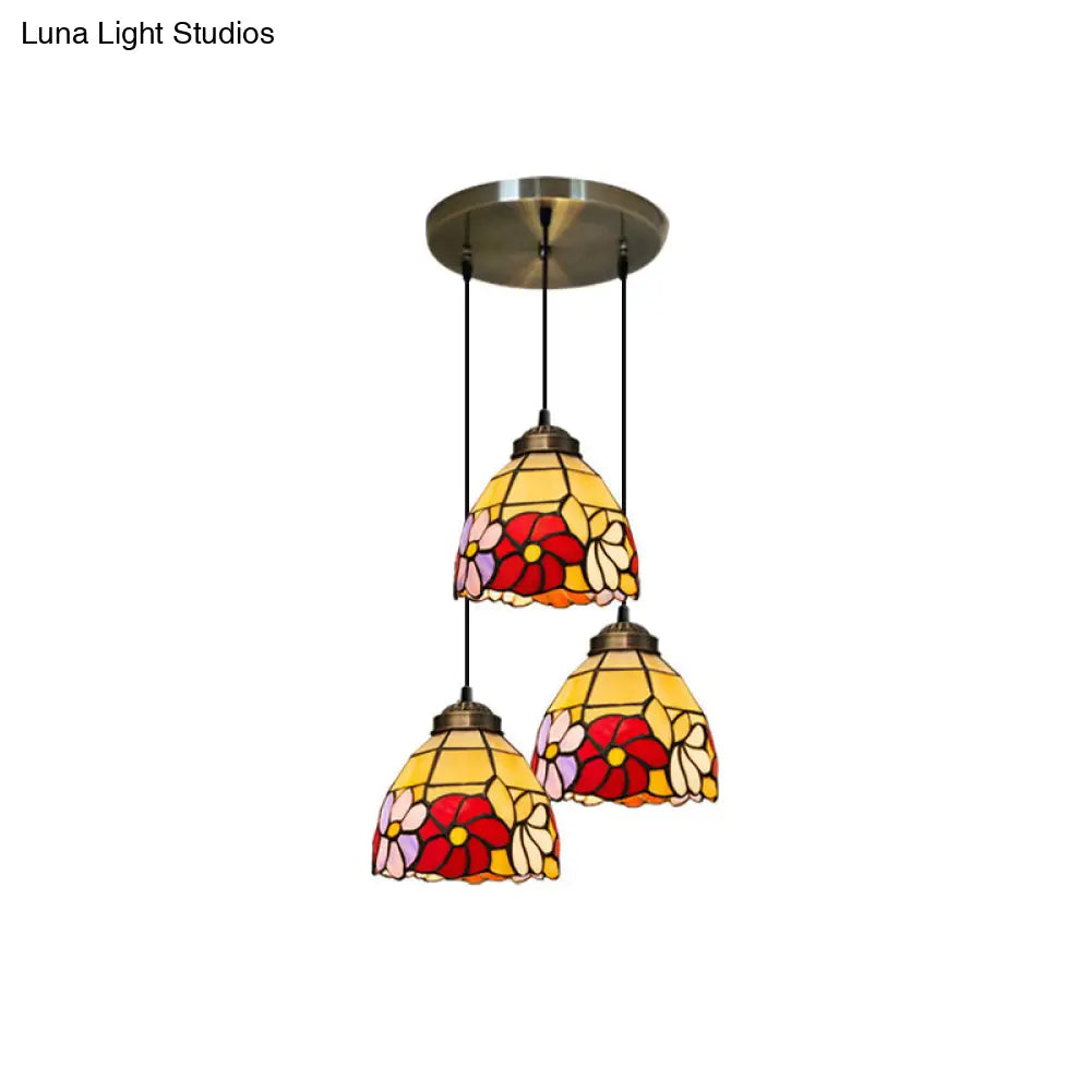 Bronze Hanging Pendant With Bell Shape Floral Stained Glass And 3-Light Heads - Decorative