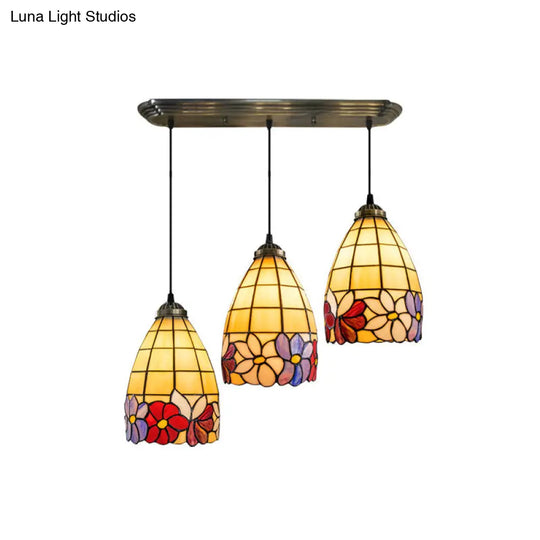 Bronze Stained Glass Bell Pendant Light With 3 Floral Heads