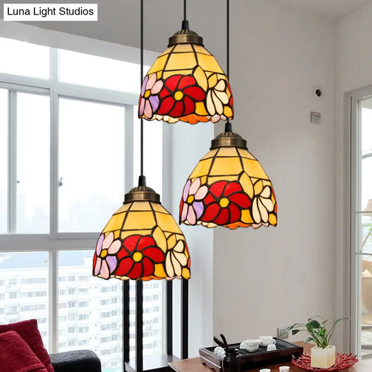Bronze Stained Glass Bell Pendant Light With 3 Floral Heads / A Round