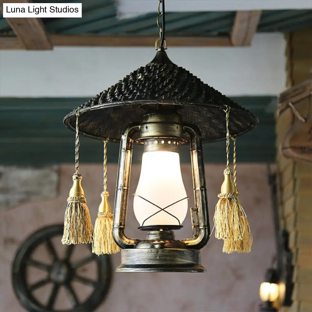 Rustic Cream Glass Hanging Pendant Lamp With Bronze Finish - Kerosene Ceiling Suspension Light