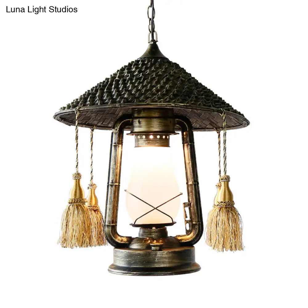 Rustic Cream Glass Hanging Pendant Lamp With Bronze Finish - Kerosene Ceiling Suspension Light