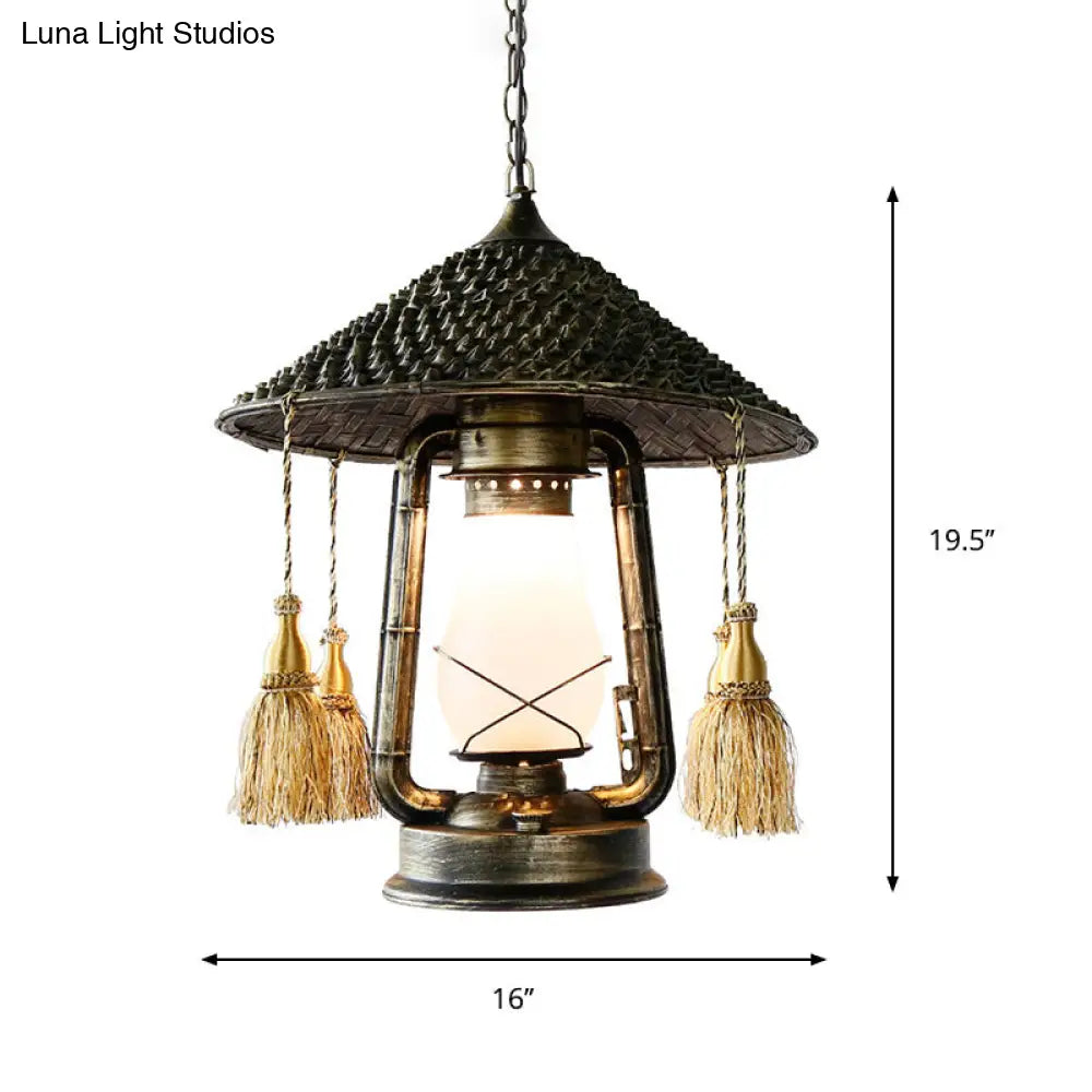 Rustic Cream Glass Hanging Pendant Lamp With Bronze Finish - Kerosene Ceiling Suspension Light