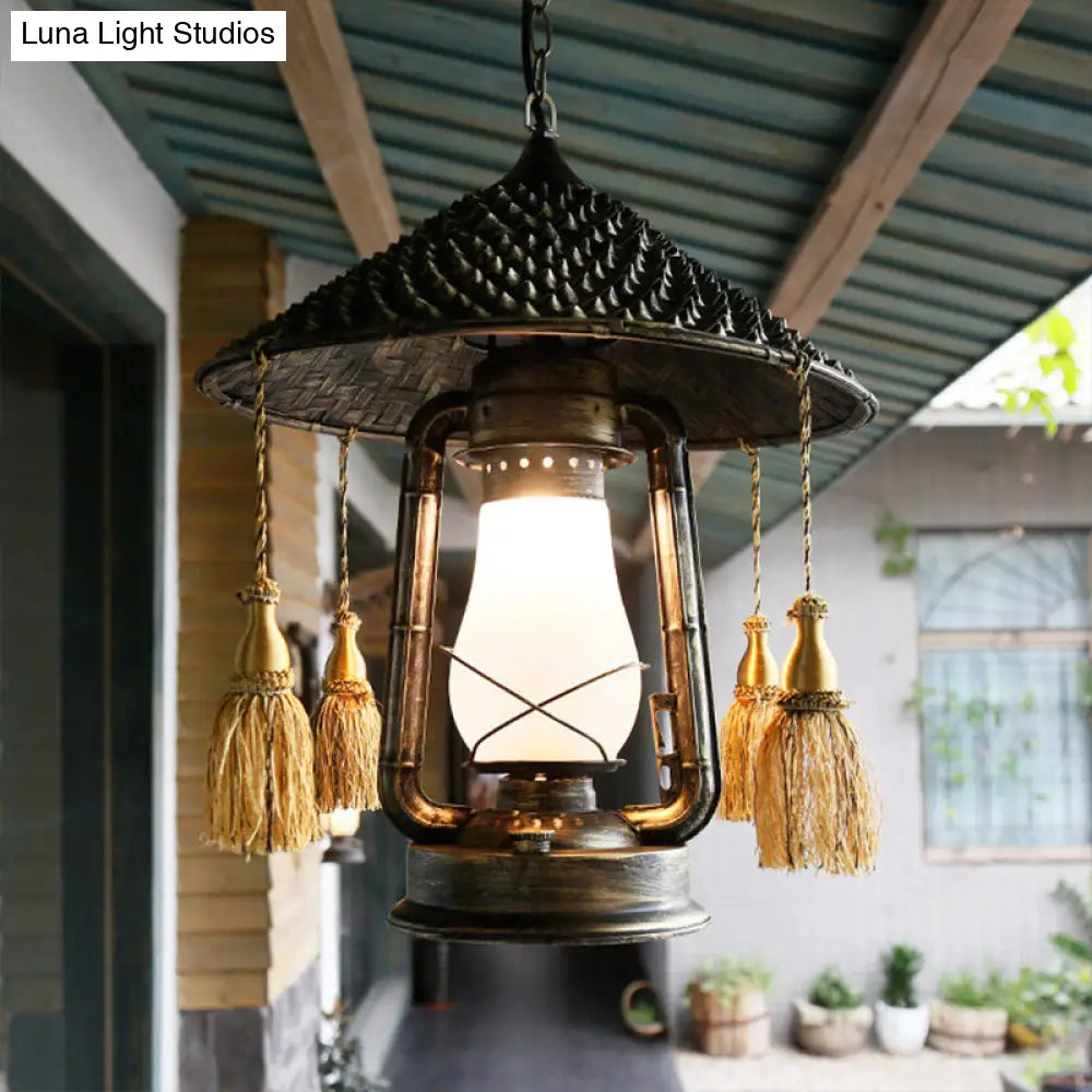 Rustic Cream Glass Hanging Pendant Lamp With Bronze Finish - Kerosene Ceiling Suspension Light