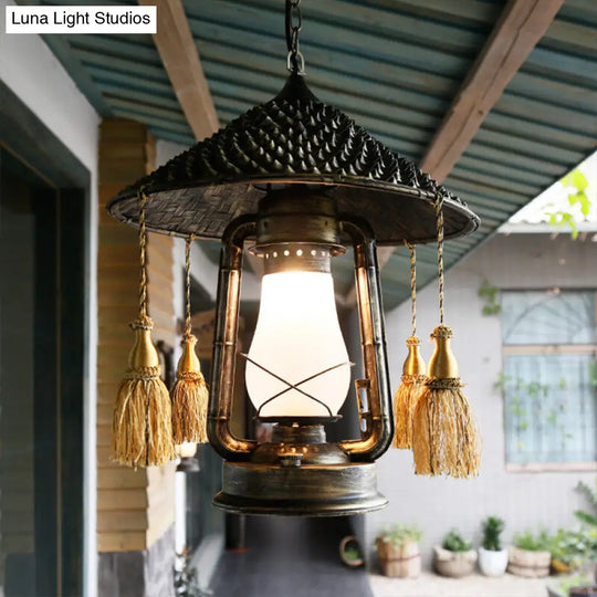 Rustic Cream Glass Hanging Pendant Lamp With Bronze Finish - Kerosene Ceiling Suspension Light